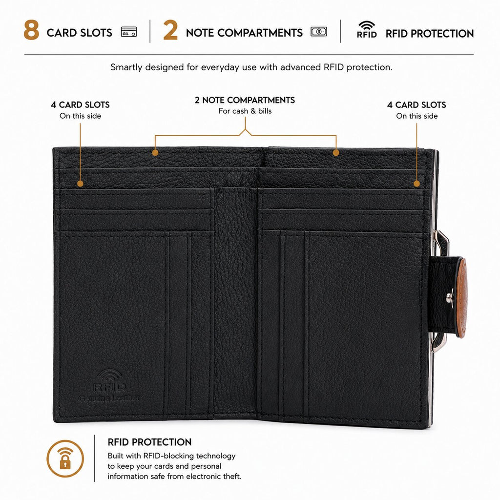 Ladies RFID BLOCKING Leather Purse, 8 Credit Card PROTECTED Spaces Gift Box Available QL439M