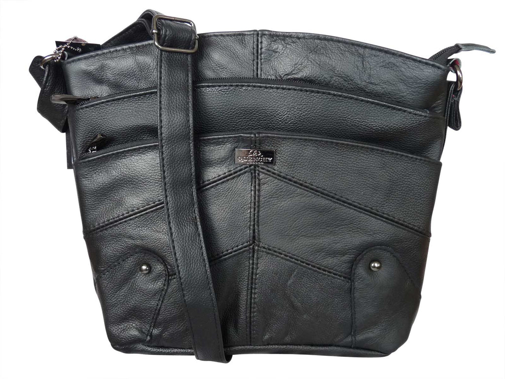 Ladies Leather Shoulder Handbag in Cow Hide Soft Leather - 5 Zipped Pockets - QL741