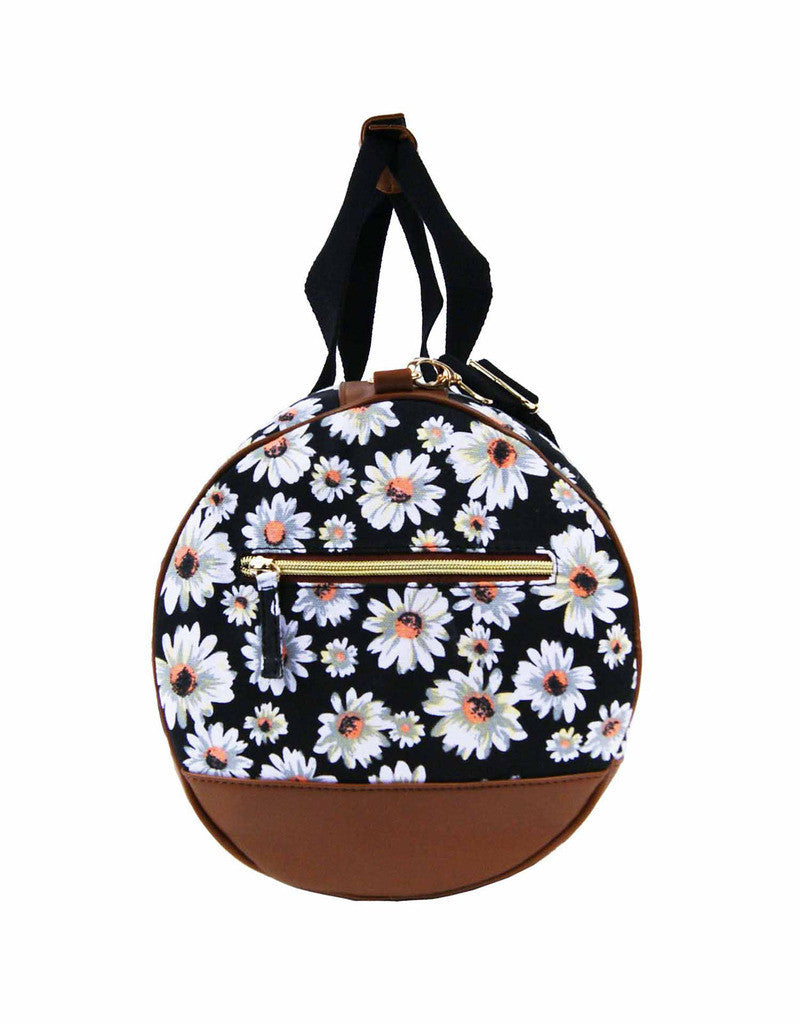 Canvas Travel Holdall Duffel Weekend Overnight Daisy Floral Print Bag QL651K black end view