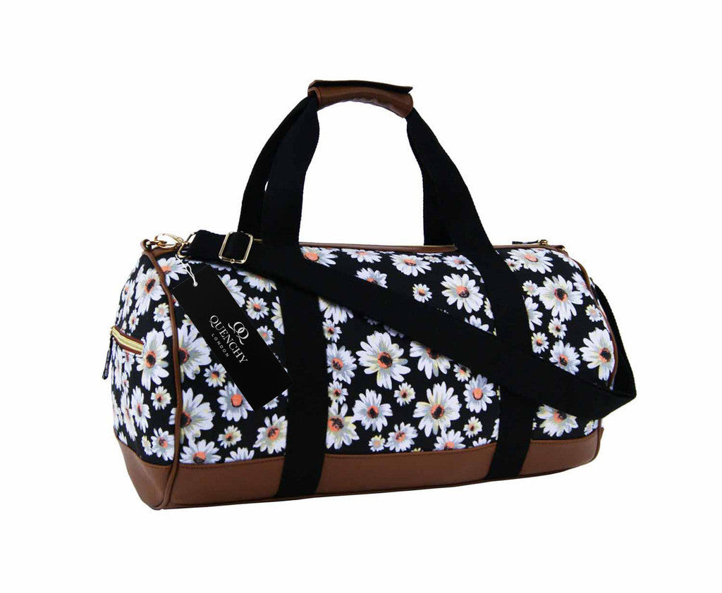 Canvas Travel Holdall Duffel Weekend Overnight Daisy Floral Print Bag QL651K black front view