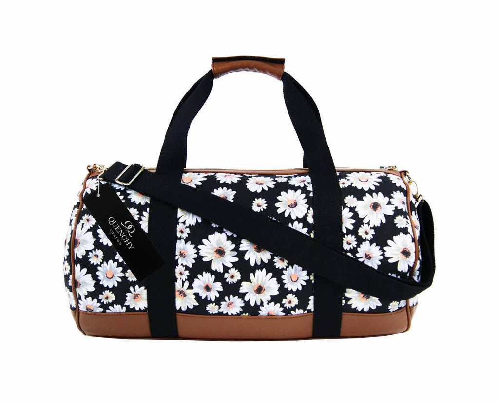 Canvas Travel Holdall Duffel Weekend Overnight Daisy Floral Print Bag QL651K black side view