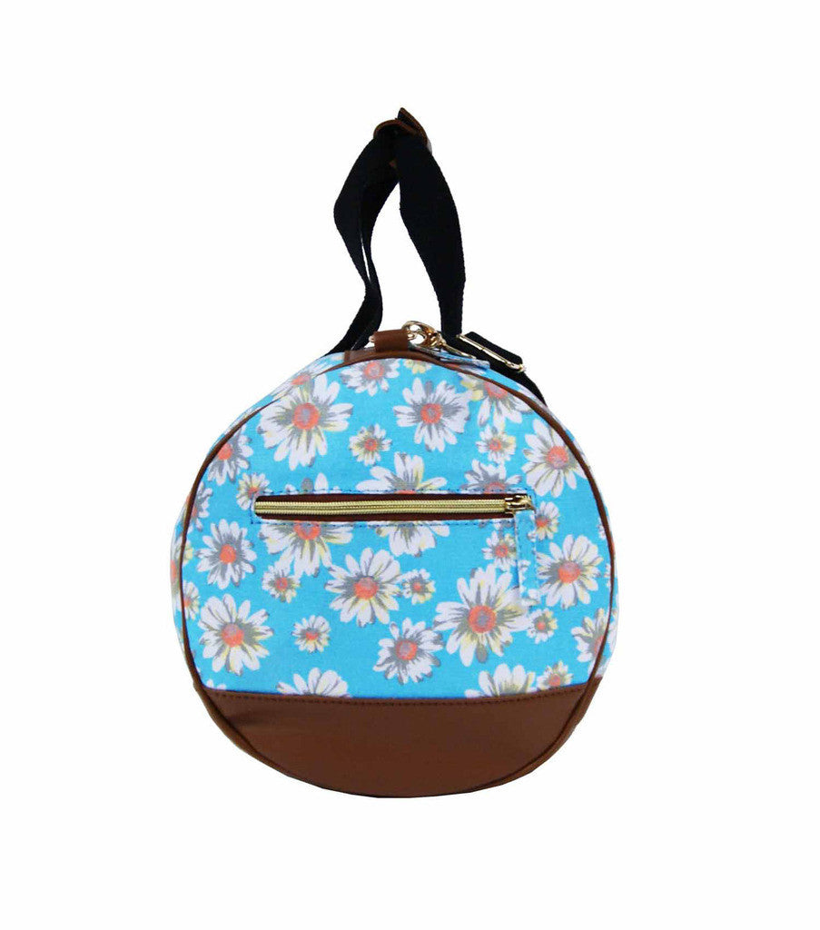 Canvas Travel Holdall Duffel Weekend Overnight Daisy Floral Print Bag QL651LB light blue end view