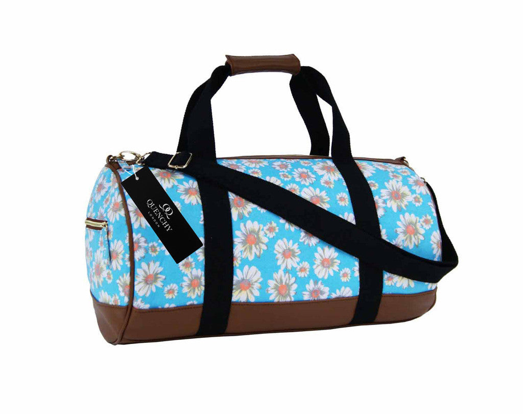 Canvas Travel Holdall Duffel Weekend Overnight Daisy Floral Print Bag QL651LB light blue front view