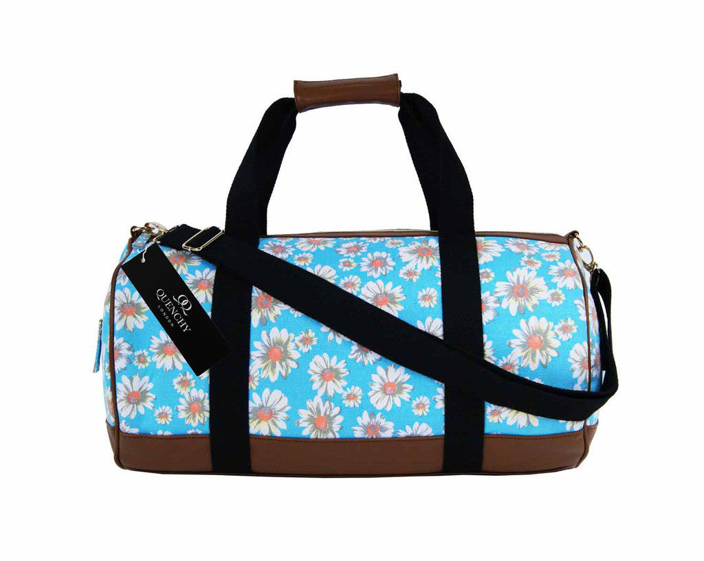 Canvas Travel Holdall Duffel Weekend Overnight Daisy Floral Print Bag QL651LB light blue side view