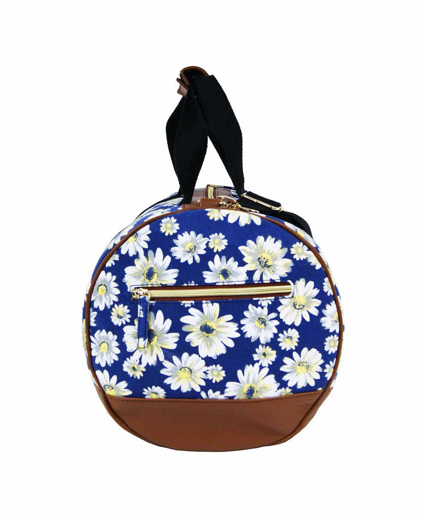 Canvas Travel Holdall Duffel Weekend Overnight Daisy Floral Print Bag QL651N navy end view