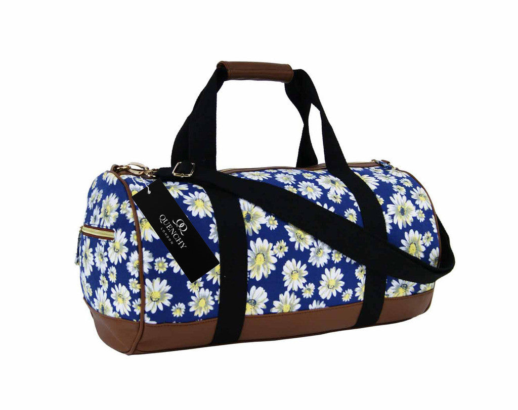 Canvas Travel Holdall Duffel Weekend Overnight Daisy Floral Print Bag QL651N navy front view