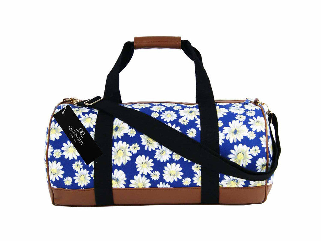 Canvas Travel Holdall Duffel Weekend Overnight Daisy Floral Print Bag QL651N navy side view