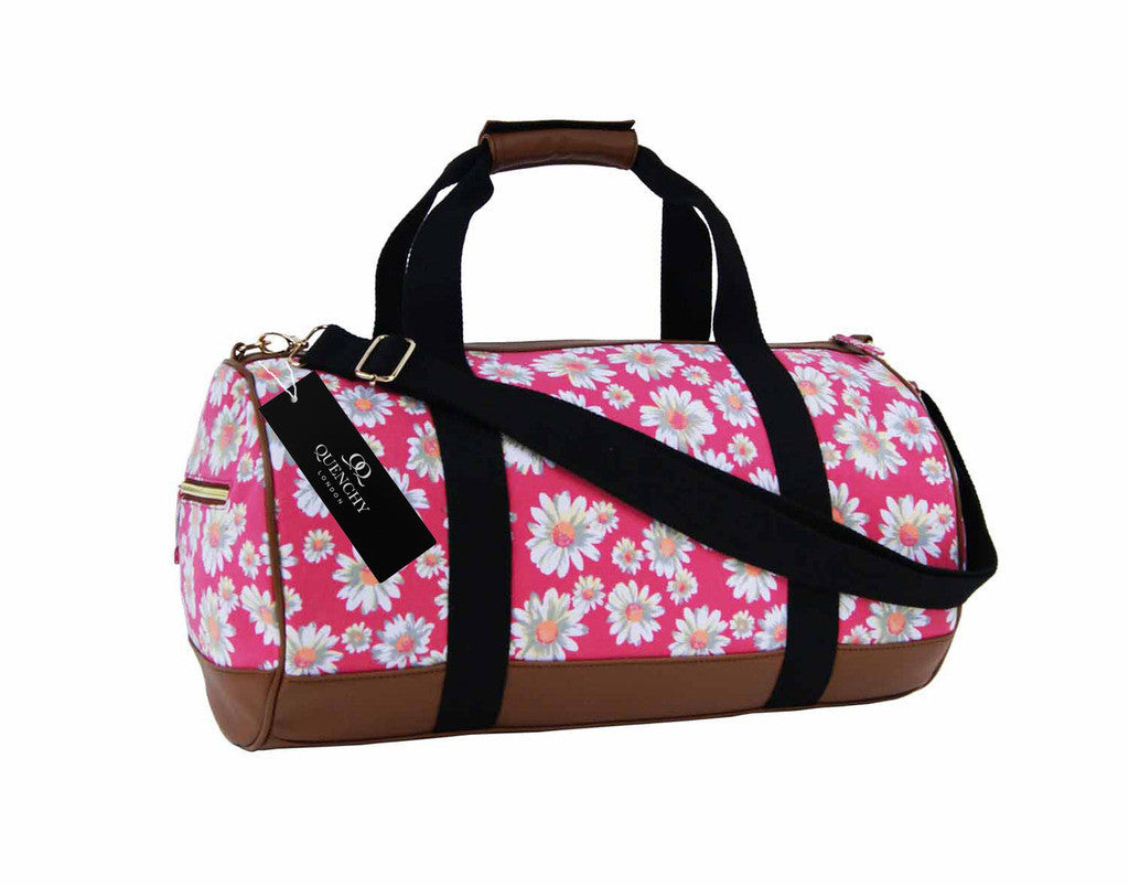 Canvas Travel Holdall Duffel Weekend Overnight Daisy Floral Print Bag QL651 pink front view