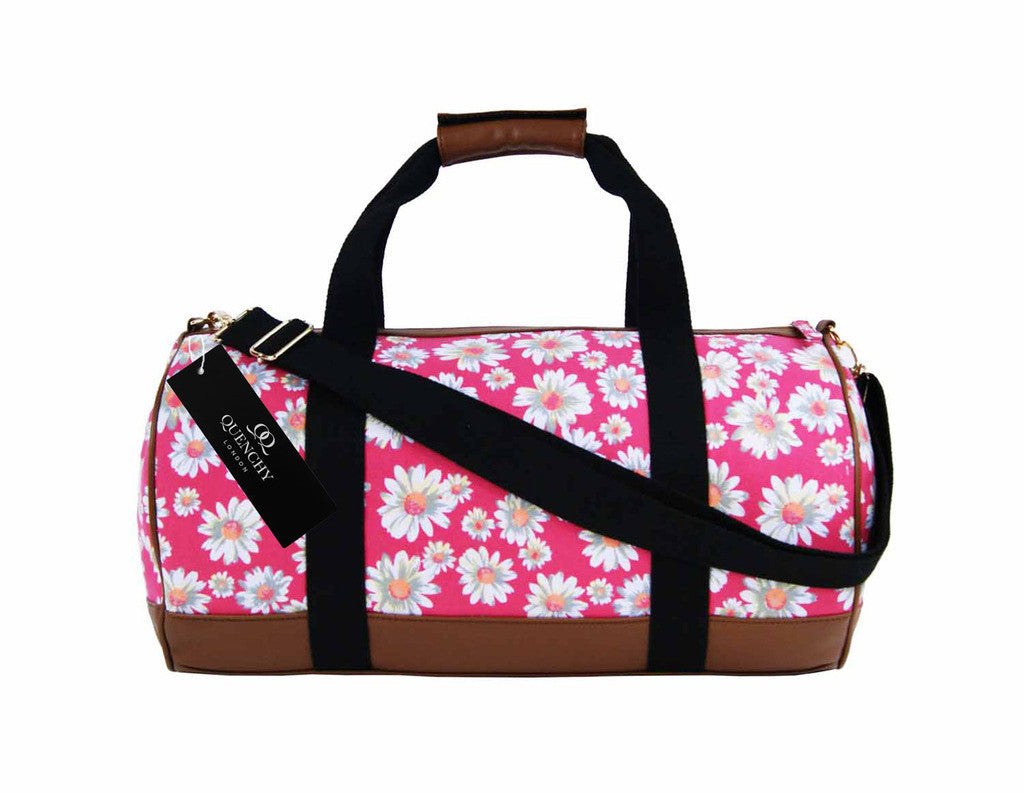 Canvas Travel Holdall Duffel Weekend Overnight Daisy Floral Print Bag QL651P Pink side view
