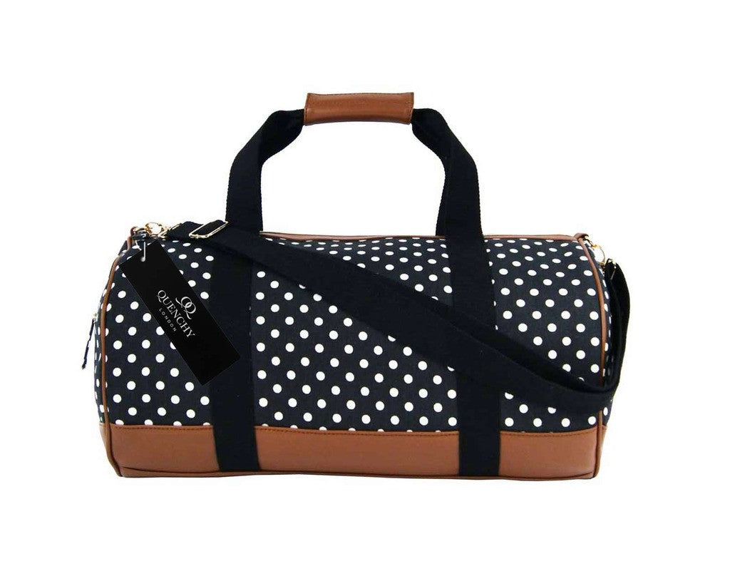 Travel Holdall Duffel Weekend Duffle PolkaDot Dots Print Bag QL652K black front view