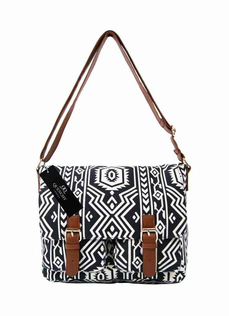 Ladies Womens Girls Satchel Canvas Cross Body Bag Messenger Bags Daisy Print QL5151K (Black)