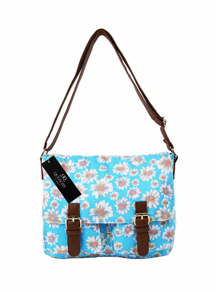 Ladies Womens Girls Satchel Canvas Cross Body Bag Messenger Bags Daisy Print QL5151K (Black)