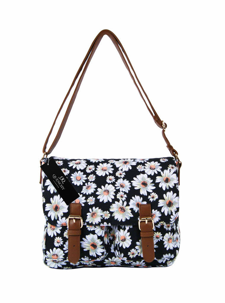 Ladies Womens Girls Satchel Canvas Cross Body Bag Messenger Bags Daisy Print QL5151K (Black)
