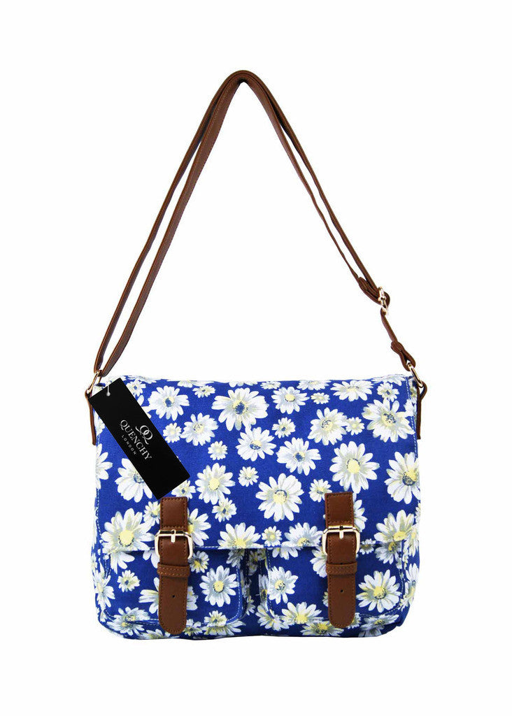 Ladies Womens Girls Satchel Canvas Cross Body Bag Messenger Bags Daisy Print QL5151K (Black)