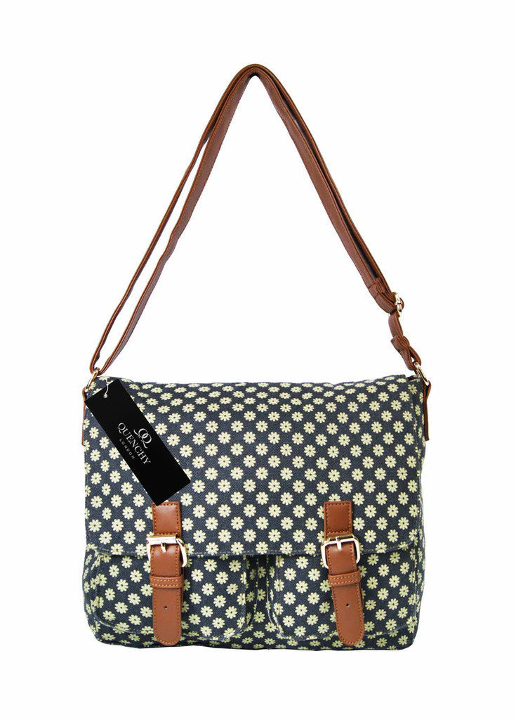 Ladies Womens Girls Satchel Canvas Cross Body Bag Messenger Bags Daisy Print QL5151K (Black)